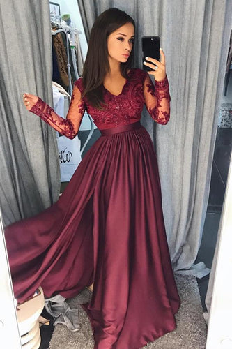 Charming Burgundy Satin Long Sleeves A-line Lace Long Prom Dresses Evening Dresses RS557