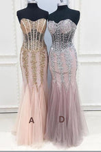 Load image into Gallery viewer, Mermaid Sexy Long Cheap Sweetheart Strapless Beads Tulle See Through Prom Dresses RS173