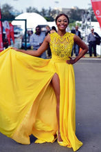 Load image into Gallery viewer, Sexy Elegant A line Yellow Chiffon Cap Sleeves Lace Evening Prom Dresses RS796
