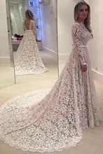 Load image into Gallery viewer, Long Sleeves Full Lace Open Back Sash Large Train Unique Style Vintage Wedding Dress P13