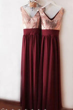 Load image into Gallery viewer, Dark Burgundy V Neck Chiffon Bridesmaid Dresses with Sequin V Back Prom Dresses RS837
