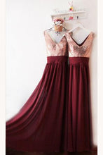 Load image into Gallery viewer, Dark Burgundy V Neck Chiffon Bridesmaid Dresses with Sequin V Back Prom Dresses RS837