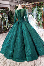 Load image into Gallery viewer, Dark Green Long Sleeves Ball Gown Prom Dress with Beads Lace up Quinceanera Dresses RS972