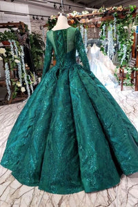 Dark Green Long Sleeves Ball Gown Prom Dress with Beads Lace up Quinceanera Dresses RS972