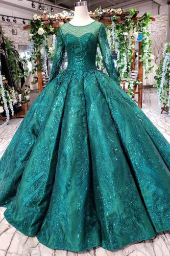 Dark Green Long Sleeves Ball Gown Prom Dress with Beads Lace up Quinceanera Dresses RS972