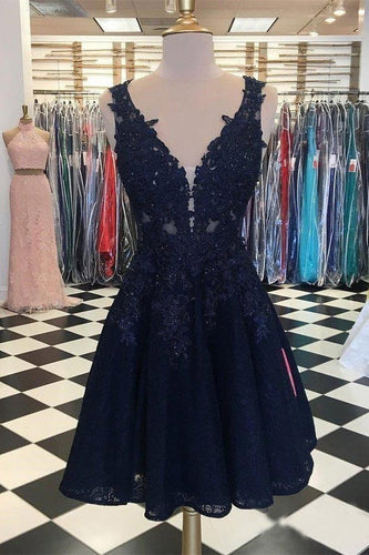 Dark Navy Lace Homecoming Dresses V Neck Appliqued Cheap Short Prom Dresses RS948