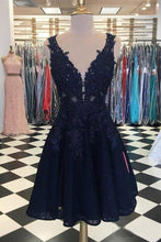 Load image into Gallery viewer, Dark Navy Lace Homecoming Dresses V Neck Appliqued Cheap Short Prom Dresses RS948