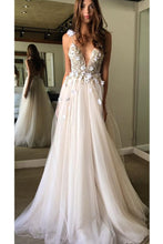 Load image into Gallery viewer, Deep V Neck Beads Prom Dresses Straps Tulle Appliques A-line Beach Wedding Dress RS667
