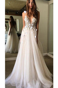 Deep V Neck Beads Prom Dresses Straps Tulle Appliques A-line Beach Wedding Dress RS667