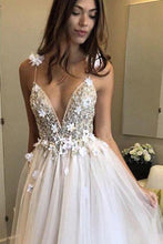 Load image into Gallery viewer, Deep V Neck Beads Prom Dresses Straps Tulle Appliques A-line Beach Wedding Dress RS667