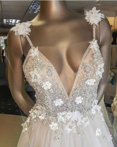 Deep V Neck Beads Prom Dresses Straps Tulle Appliques A-line Beach Wedding Dress RS667