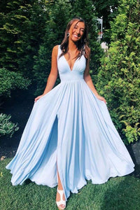 Deep V Neck Blue Satin Long Prom Dresses Simple Bridesmaid Dresses P1114