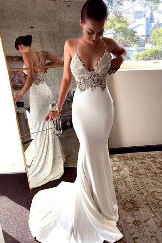 Deep V Neck Spaghetti Straps Ivory Lace Backless Mermaid Prom Dress Wedding Dresses H1137