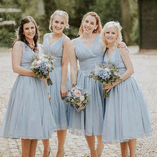 Load image into Gallery viewer, Dusty Blue V Neck Chiffon Short Cheap Ruffles Bridesmaid Dresses Short Prom Dresses RS960