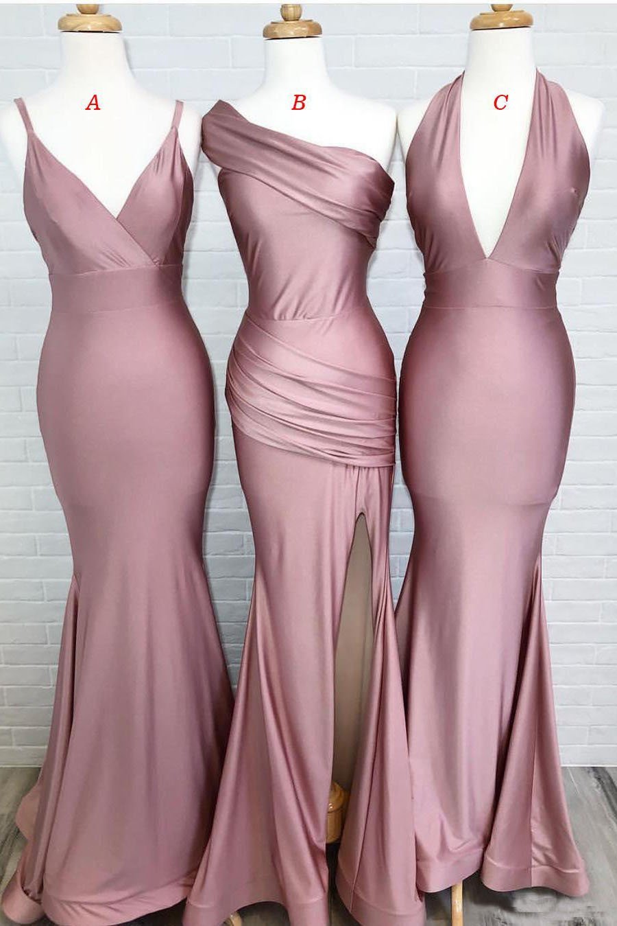 Dusty Rose Mermaid V Neck Split Side Long Evening Gowns Bridesmaid Dresses RS987