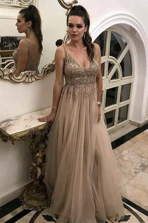 A Line V Neck Tulle Lace Appliques Backless Brown Sleeveless Prom Dresses RS83