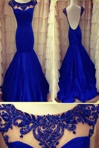Sexy Mermaid High Neck Cap Sleeve Scoop Beads Backless Royal Blue Evening Dresses RS10