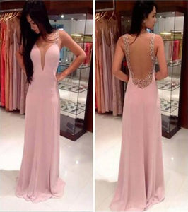 Pink Long Chiffon See Through Sexy V-Neck Sleeveless A-Line Yarn Prom Dresses RS18