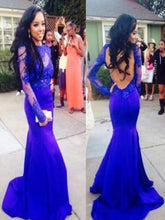 Load image into Gallery viewer, Sexy Mermaid High Neck Royal Blue Long Sleeve Open Back Lace Prom Dresses RS09