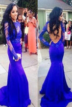 Load image into Gallery viewer, Sexy Mermaid High Neck Royal Blue Long Sleeve Open Back Lace Prom Dresses RS09