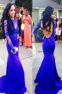 Sexy Mermaid High Neck Royal Blue Long Sleeve Open Back Lace Prom Dresses RS09