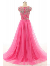 Load image into Gallery viewer, A-line Round Neck Beading Tulle Long Prom Dresses Evening Dresses RS554