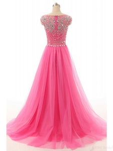 A-line Round Neck Beading Tulle Long Prom Dresses Evening Dresses RS554