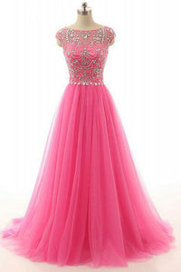 A-line Round Neck Beading Tulle Long Prom Dresses Evening Dresses RS554