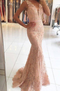 Sexy Mermaid Lace Appliques V Neck Beads Sleeveless Long Prom Dresses RS37