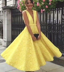 A-Line Deep V-Neck Cute Yellow Tea Length Sleeveless Open Back Lace Prom Dresses RS475
