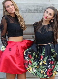 Two Piece Crew Open Back Above-Knee Black Printed Homecoming Dress with Pockets RS659