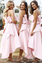 Load image into Gallery viewer, A Line Unique Strapless High Low Pink Satin Bridesmaid Dresses with Bowknot RS14