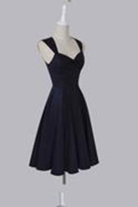 Simple Sweetheart Sleeveless Tea-Length Ruched Dark Navy Taffeta Homecoming Dresses RS459