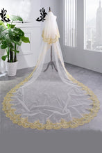 Load image into Gallery viewer, Elegant 3.5 Meters Long Gold Lace Edge Two Layers Long Wedding Veils with Comb V04