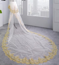 Load image into Gallery viewer, Elegant 3.5 Meters Long Gold Lace Edge Two Layers Long Wedding Veils with Comb V04