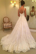 Load image into Gallery viewer, Elegant A-line Scoop Sweep Train Sleeveless Wedding Dress with Ivory Appliques W1081