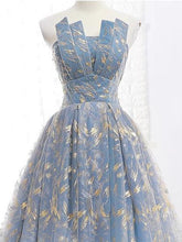 Load image into Gallery viewer, Elegant A Line Blue Tulle Long Strapless Lace up Gold Evening Dress Prom Dresses RS223