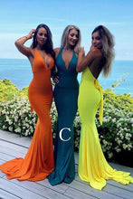 Load image into Gallery viewer, Elegant A Line Mermaid Deep V Neck Long Blue Backless Bridesmaid Dresses RS958