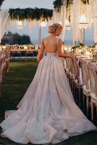 Elegant A Line V Neck Lace Wedding Dresses Backless Chapel Train Tulle Bridal Dresses RS922