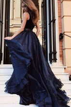 Load image into Gallery viewer, Elegant Deep V Neck Tulle Long Prom Dress With Beading Navy Blue Evening Gowns RS738
