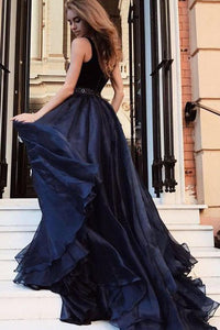 Elegant Deep V Neck Tulle Long Prom Dress With Beading Navy Blue Evening Gowns RS738