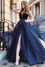Load image into Gallery viewer, Elegant Deep V Neck Tulle Long Prom Dress With Beading Navy Blue Evening Gowns RS738