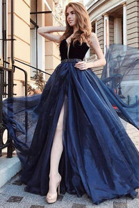 Elegant Deep V Neck Tulle Long Prom Dress With Beading Navy Blue Evening Gowns RS738