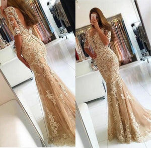 Elegant Half Sleeve Lace Mermaid Backless Prom Dresses Long Cheap Evening Dresses P1080