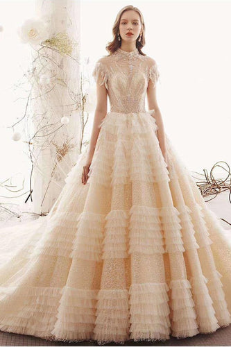 Elegant High Neck Ball Gown Wedding Dresses Short Sleeve Quinceanera Dresses RS773