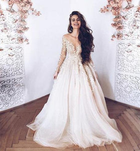 Elegant Illusion Neck Long Sleeves Tulle Wedding Dress with Appliques Bridal Dress RS633