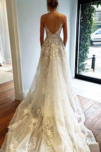 Elegant Ivory Spaghetti Straps Tulle Lace V Neck Wedding Dresses With Pockets RS718
