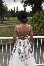 Load image into Gallery viewer, Elegant Ivory V Neck Lace Prom Dresses Backless Pockets Wedding Dresses with Flowers P1046