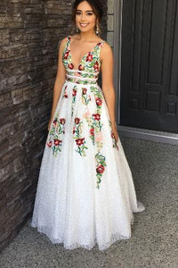 Elegant Ivory V Neck Lace Prom Dresses Backless Pockets Wedding Dresses with Flowers P1046