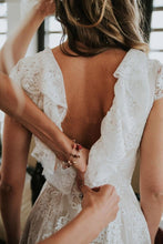 Load image into Gallery viewer, Elegant Lace Cap Sleeve V Back Ivory Beach Wedding Dresses Boho Wedding Gowns W1024